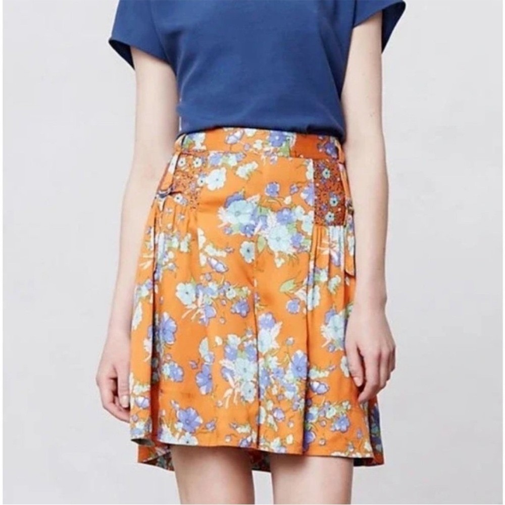 Anthropologie Women's Orange Blue Pleated D-Ring Summer Floral Mini Skirt SZ XS